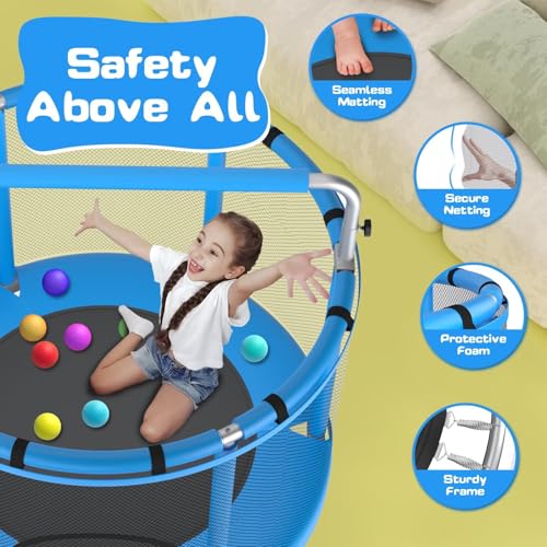 55" Trampoline for Kids with Enclosure, 440lbs Capacity Indoor & Outdoor Toddler Trampoline with Adjustable Gymnastics Bar & Toys, for Boys & Girls