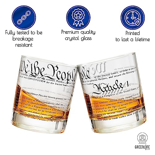 Patriotic Whiskey Glasses Set of 2 - United States Constitution Design, 10 oz Old Fashioned Tumblers - Gift for USA Enthusiasts - Constitution Variation