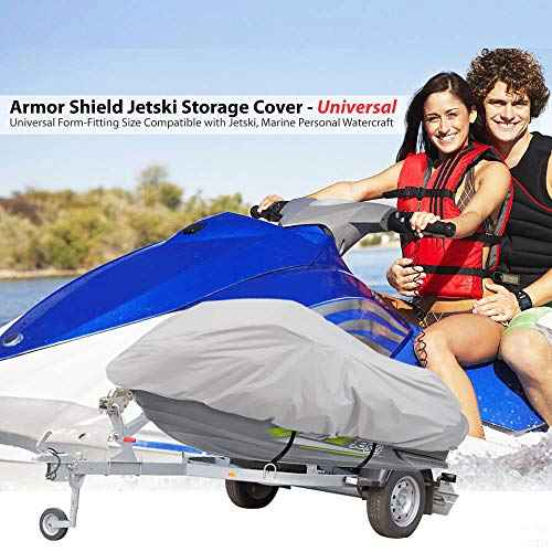 Pyle Waterproof Heavy Duty Jet ski Cover - 139¡¯¡¯ - 145¡¯¡¯ Inch Resistant Watercraft Storage Cover with Adjustable Strap & Elastic Cord for Tight Custom Fit - Marine Grade Protection PCVJS14 , Gray