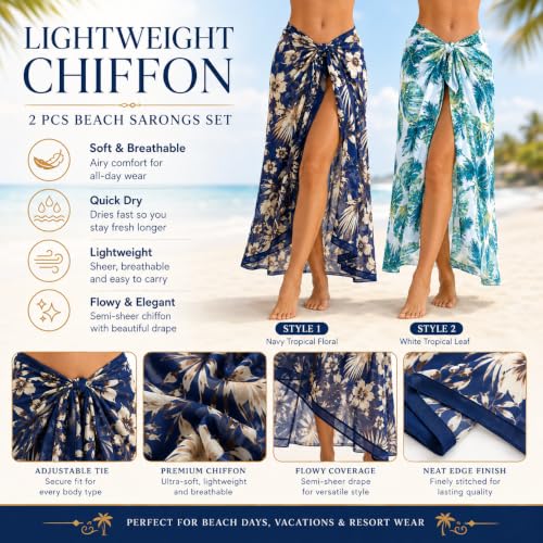 Women Sheer Beach Sarong Wrap - Blue Flowers & Coconut Tree, Long Chiffon Coverup