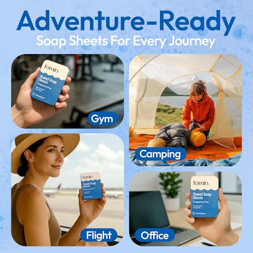 FOMIN - Antibacterial Paper Soap Sheets Tin for Traveling - (100 Sheets) Fragrance Free Portable Travel Hand Soap Sheet, Dissolvable Mini Camping Hand Soap for Hand Washing