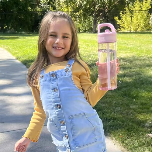 Kids Water Bottle 20oz Pink with Straw Lid BPA-Free Tritan Leakproof
