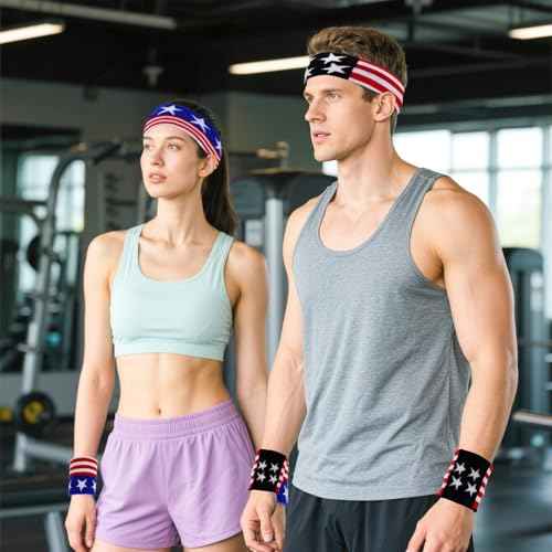 4 Sets American Flag Sports Headband and Wristband Striped Sweatband Headband and Wristband Set 4th of July Sports Sweatbands for Running, Basketball, Exercise