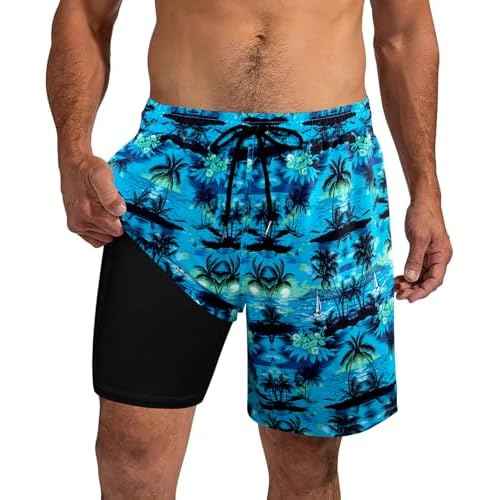XiaoMoSha Mens Swim Trunks with Compression Liner 7" Quick Dry Board Shorts Bathing Suit with Pockets Swimwear Swimsuit S-2XL