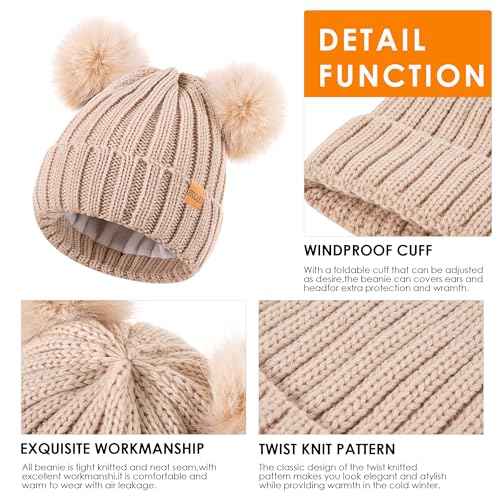 Women's Winter Warm Knit Beanie with Faux Fur Pom Skull Cap Cozy Fleece Lined Hat for Women