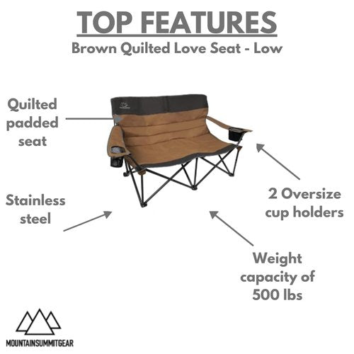 MOUNTAIN SUMMIT GEAR Quilted Low Loveseat Camping Chair for 2 with Padded Seat and Back for Camping/Hiking/Backpacking Made by Caddis Sports (Low Loveseat (Brown))
