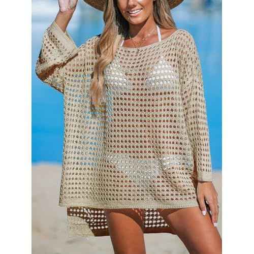 CUPSHE Women's Crochet Cover Up Cutout Drop Shoulder Long Sleeves Pullover Beachwear Bathing Suit 2025