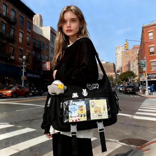 Kawaii Crossbody Ita Bag for Women with Pin & Plush Penguin - Large Black Fit Laptop