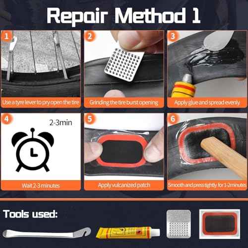 LECHI Bike Tire Repair Kit with Vulcanizing Patches,Stainless Steel Levers,Valve core Wrench for Motorcycle BMX Cycling MTB Road Mountain Bicycle(40 PCS)