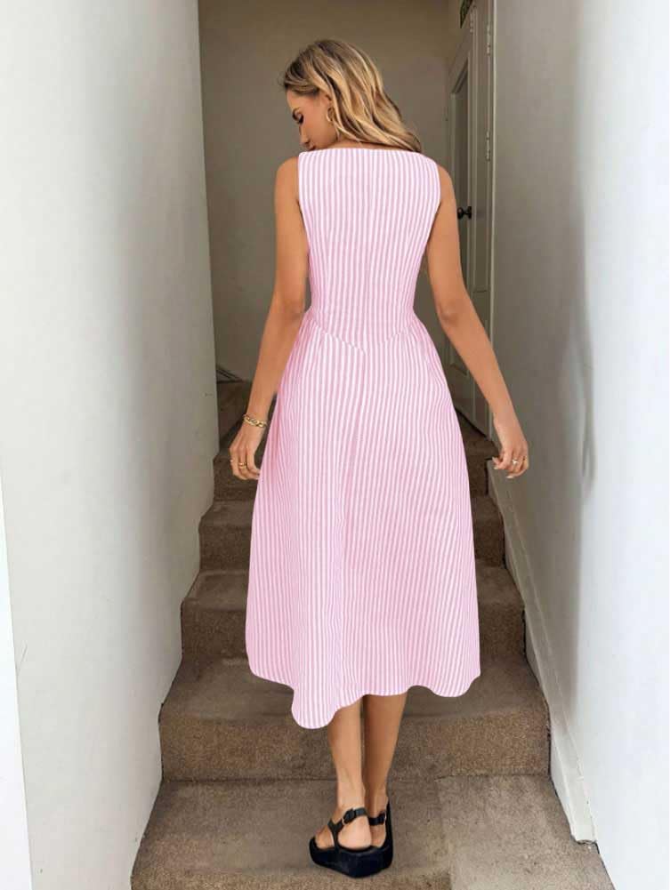 chouyatou Women's Sexy Sleeveless Striped Pleated Dress Drop Waist Flared Swing Midi Long Tank Sun Dress (Medium, Pink)