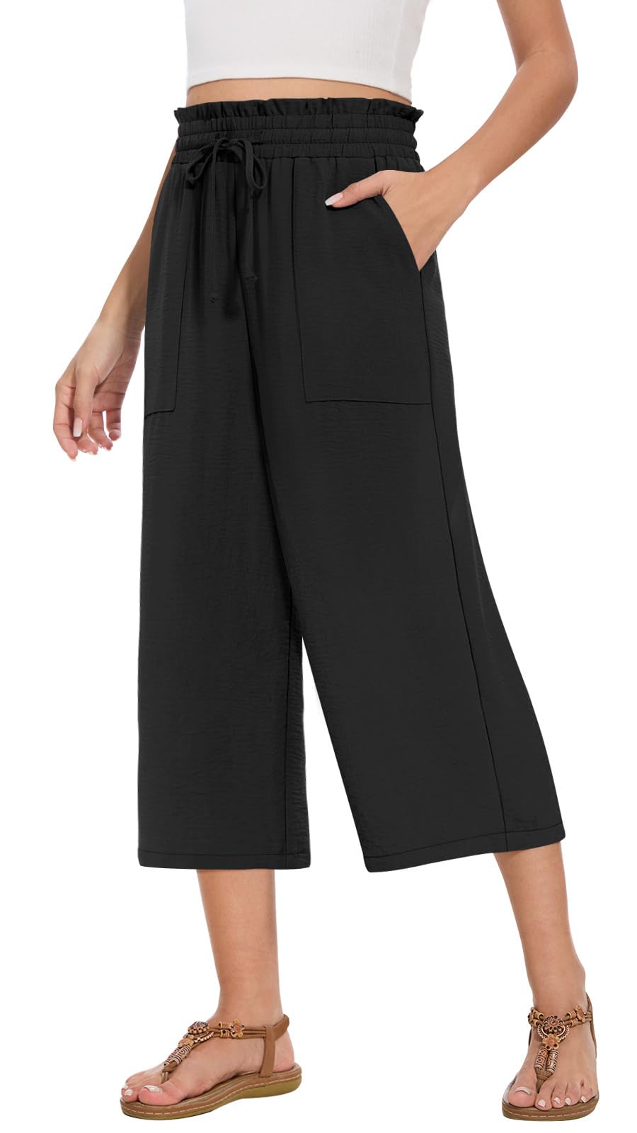 MLXSJ Womens Capri Pants Summer Wide Leg High Waisted Pants Drawstring Casual Trousers with Pockets (Black, XL)