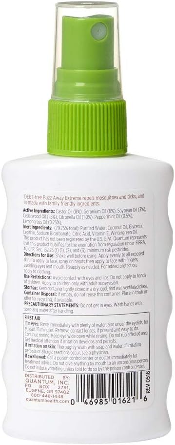 Quantum Health Buzz Away Extreme Insect Repellent|DEET Free Spray|Repels Mosquitos and Ticks|Formulated with Powerful Combo of Essential Oils|Safe for Kids|2 Ounce