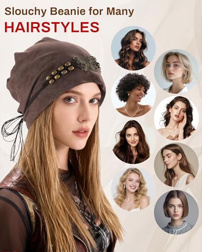 Coffee Slouchy Beanie Hat for Women with Butterfly Beads - AWAYTR