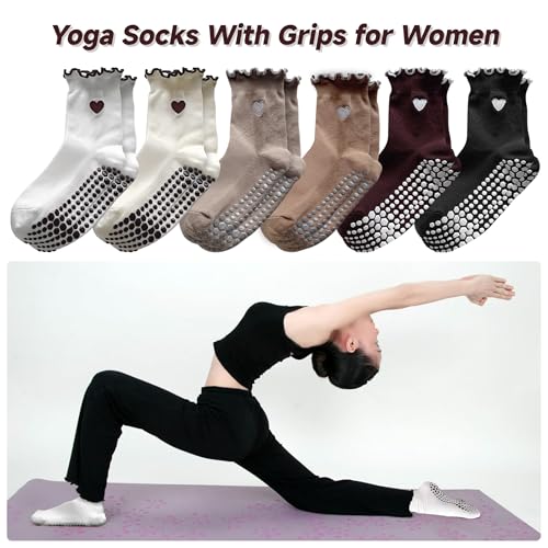 Cotton Pilates Grip Socks for Women - 4 or 6 Pairs Heart-Patterned Yoga Socks with Color Variations
