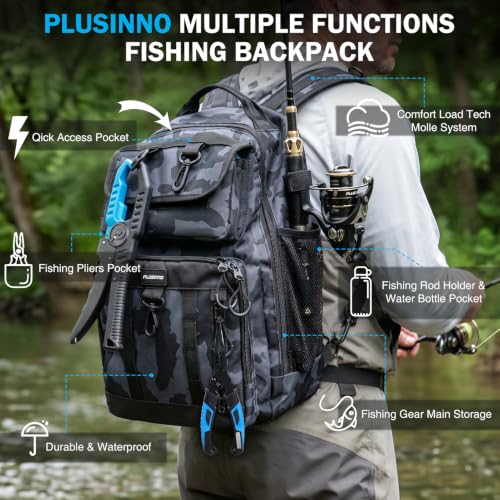 PLUSINNO Fishing Backpack with Tackle Box - Black Camouflage Waterproof Storage Bag