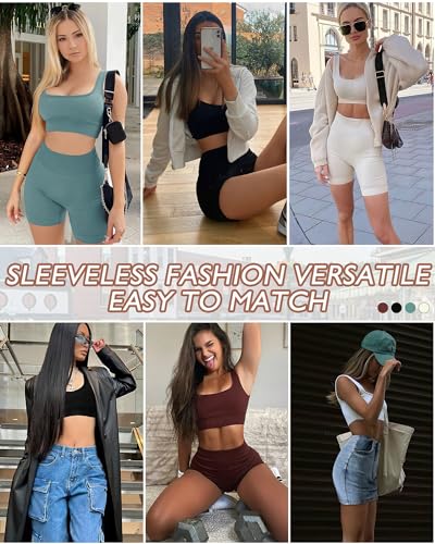 Seamless Ribbed High Waist Workout Set for Women Summer with Sports Bra - Beige / Medium