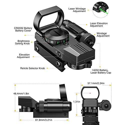 CVLIFE 1X22X33 Reflex Sight Red Dot Sight Red Green 4 Reticle Optics with Green Laser and Pressure Pad Switch for 20mm Rail