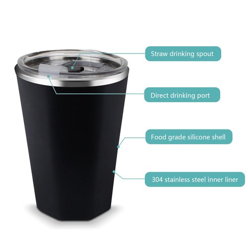 CYNROFVEN Freezing Coffee Cups 304 Stainless Steel Cooling Water Mug for Travel Camping Hiking Office Driving Silicone Tumbler with Lid & Straw 330ml