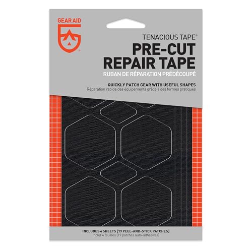 GEAR AID Tenacious Tape Repair Patches ? Peel-and-Stick Nylon Gear Patches for Jackets, Tents, Sleeping Bags, Backpacks, and Outdoor Gear ? Fix Rips, Tears, and Holes, 19 Various Sizes, Black