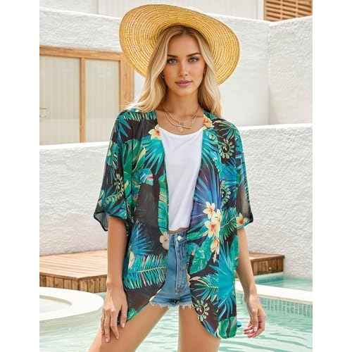 Women's Floral Print Puff Sleeve Kimono Cardigan Loose Cover Up Casual Blouse Tops