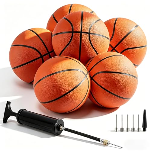 Size 7 Official Basketballs Bulk Set - 6 Rubber Indoor Outdoor Balls with Pump & Needles