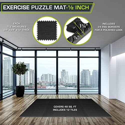 ProsourceFit Puzzle Exercise Mat ¨ö in, EVA Interlocking Foam Floor Tiles for Home Gym, Mat for Home Workout Equipment, Floor Padding for Kids, Black, 24 in x 24 in x ¨ö in, 48 Sq Ft - 12 Tiles