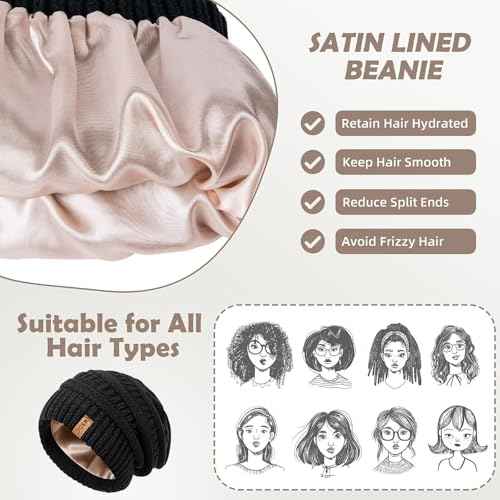 3 Pack Satin Lined Beanie for Women, Warm Slouchy Winter Hats with Silk Lined, Fashionable Oversized Cable Knit Hat Skull Cap