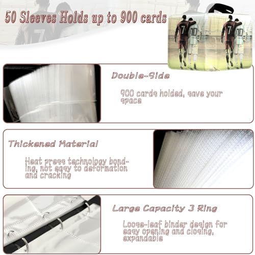 Soccer Card Binder - 900 Capacity 9-Pocket Album, Waterproof PU Leather, Black - Perfect for Collectors & Kids