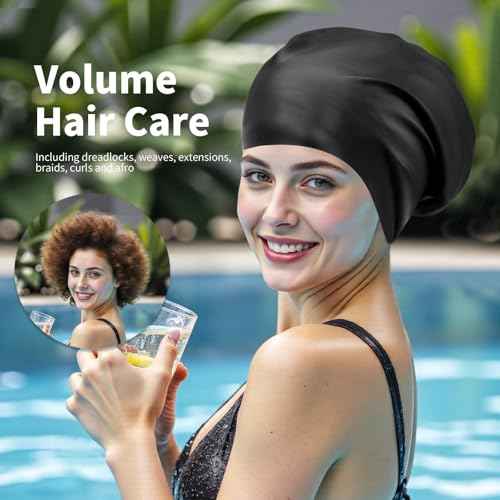 Extra Large Silicone Swim Cap for Long Hair - Waterproof Swimming Caps for Adults ; Comfort-Fit Tear-Resistant Bathing Cap to Keep Hair Dry