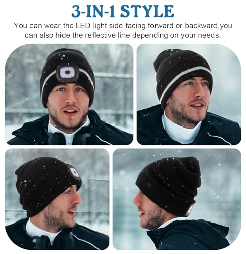 Reflective Stripe Beanie with Light - Warm Outdoor Hat (Black)