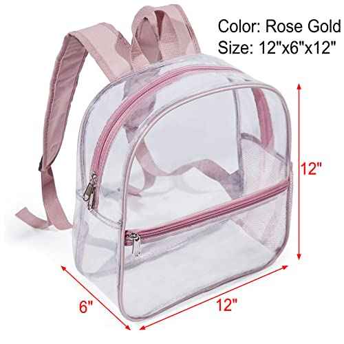 Mini Clear Backpack 12"x6"x12" Stadium Approved See Through Bag Waterproof PVC Small Transparent Backpacks for Festival Sport Event Concerts, Rose Gold