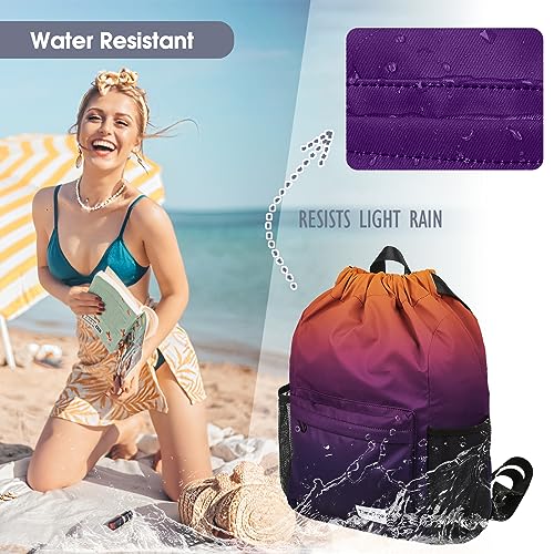 Water-Resistant Drawstring Gym Backpack with Mesh Pockets - Orange Purple