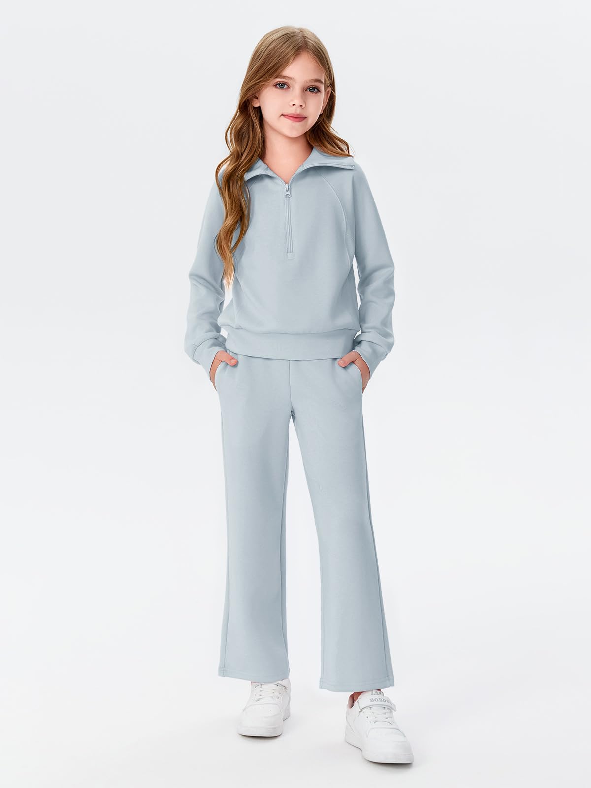 Haloumoning Girls 2 Piece Outfits Sweatsuit Half Zip Long Sleeve Sweatshirts Sweatpants Tracksuit Sets 5-14 years