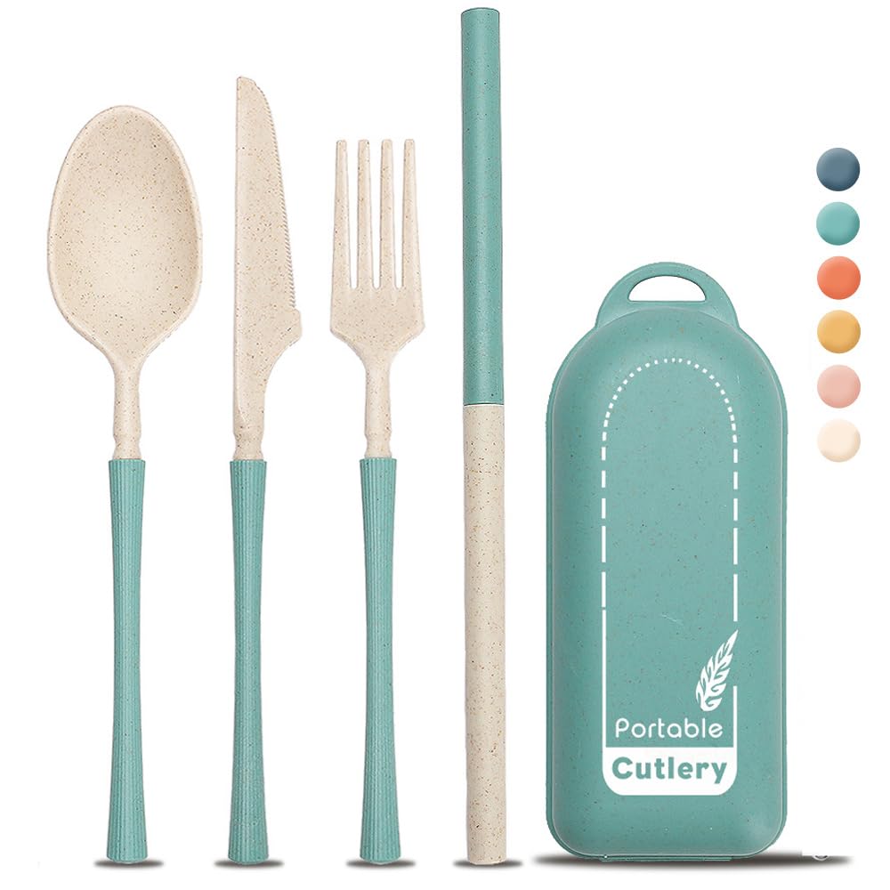 4Pack Folding Cutlery Set with Case, Travel Foldable Collapsible Portable Wheat Spoon Fork Straw Utensil Tableware for Picnic Camping