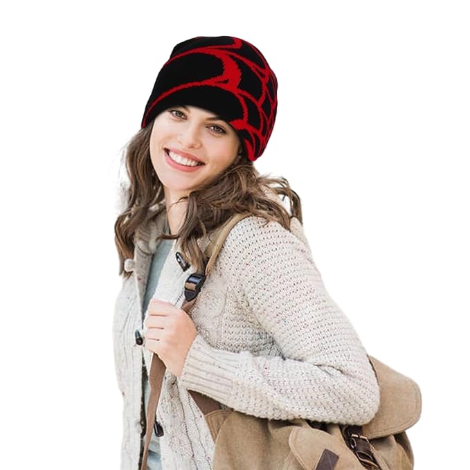 Y2K Beanie Hat with Gothic Spider Pattern - Wool & Acrylic Knitted Cap for Men & Women - Black & Red, One Size