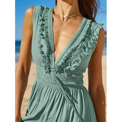 CUPSHE Women's Maxi Dress V Neck Sleeveless Lace Tassel Smocked Waist Cover Up Beach Formal Long Dress