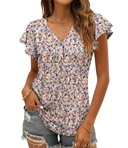 Women's Summer Ruffle Sleeve V-Neck Tunic Blouse - Multicolor Medium