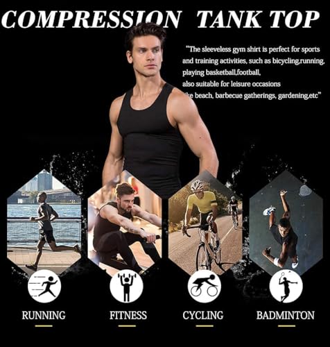Men's Compression Tank Top 3/5 Pack - Sleeveless Cool Dry Base Layer for Gym - Large, Black