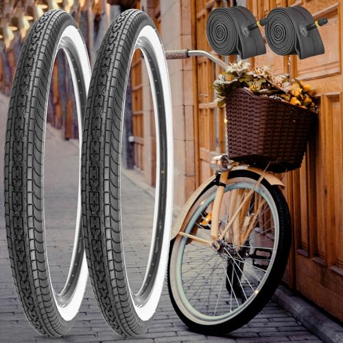 26x2.35 Inch Cruiser Beach Bike Tire with 2 Tubes and Levers - Black White Wall