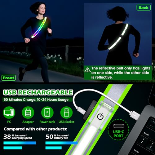 LED Reflective Belt Sash, High Visibility 5 Color 3 Light Mode Rechargeable LED Waistband Reflective Running Gear, Light Up Waist Belt Safety Gear for Running Walking Cycling at Night