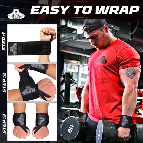Bear Grips Wrist Wraps for Weightlifting - 12" Standard Strength Black