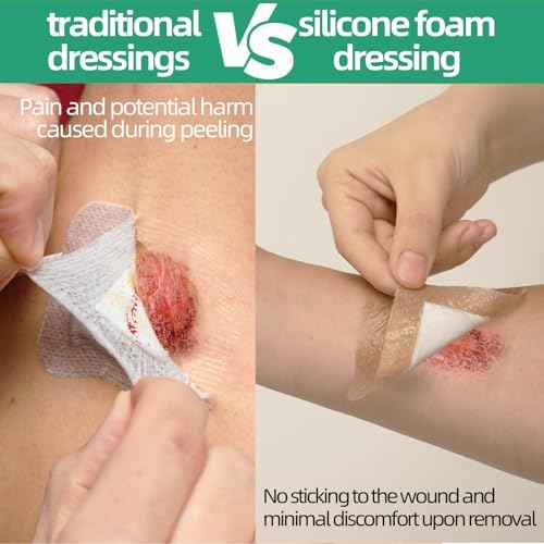 Jointown Foam Wound Care Dressing, Adhesive Silicone Foam Dressing with Border, Waterproof Bed Sore Bandages, 3"x3", 5 PCS
