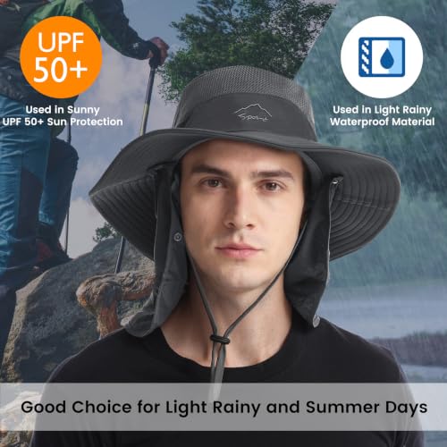 Dark Grey Waterproof Sun Hat with UPF 50+ Face Cover & Neck Flap - Men Women Bucket Hat