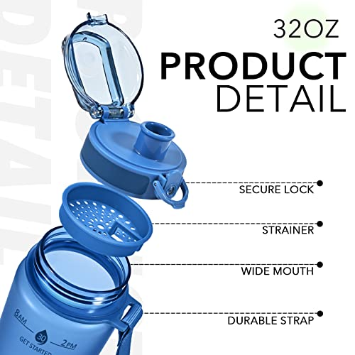 Aqua Blue 32oz Water Bottle with Time Marker & Strap, Leak-Proof BPA-Free
