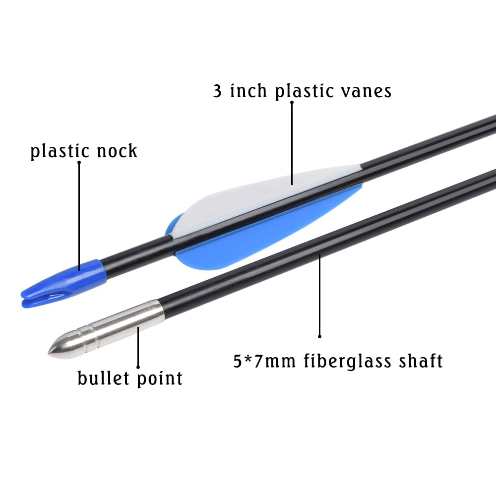 Fiberglass Arrows Archery 28 Inch Target Shooting Practice Safetyglass with Blue and White Vane for Recurve Bows Suitable for Youth Children Woman Beginner 6 PCS