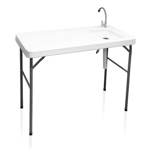 HiEthan Folding Outdoor Camping Sink Station with Hose Hook Up, Heavy Duty Fillet Table with Faucet for Dock Beach Patio Picnic