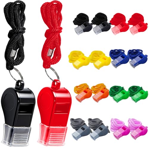 16 Pack Colorful Plastic Whistles with Lanyards for Coaches & Sports
