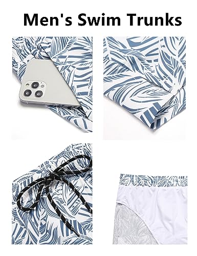Men's Quick Dry Swim Trunks Bathing Suit - Deep Blue Palm Leaf, Medium