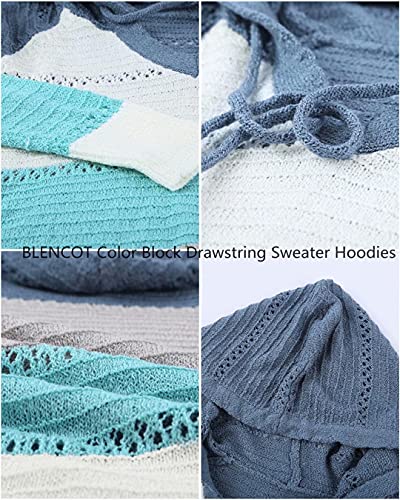 Women's Striped Crochet Fall Hoodie Sweater Large Blue Casual Knitwear