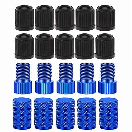 Presta Valve Adapter, 5 Pcs Presta to Schrader Adapters, French/UK to US Bike Valve Adapter with 15 pcs Valve Caps, Bicycle Pump Adapter for Mountain Bike, Road Bike and Cars (Blue)